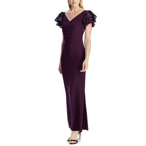 Ralph Lauren Purple sequin Flutter Sleeve Mock Wrap Glam Maxi formal Dress 10
